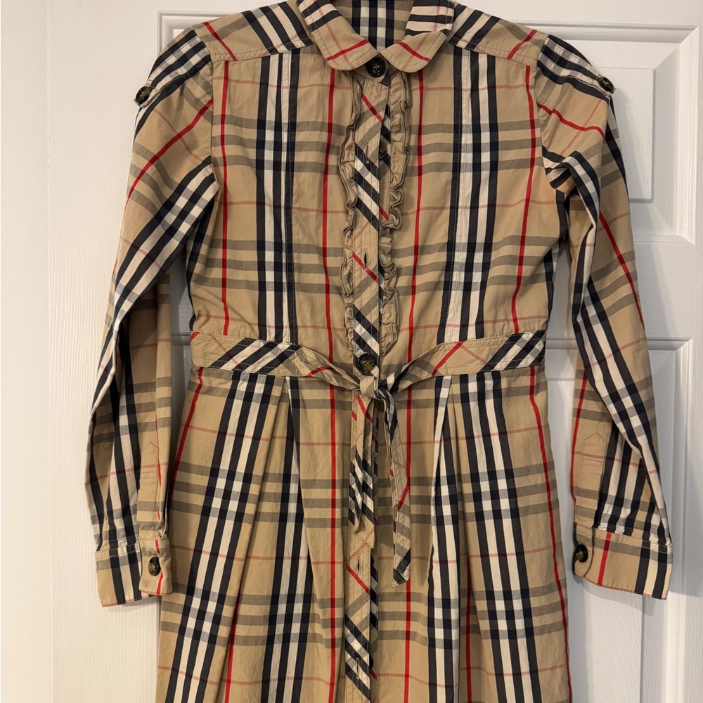 Burberry Tan Plaid Long-Sleeve Dress with Tie Waist